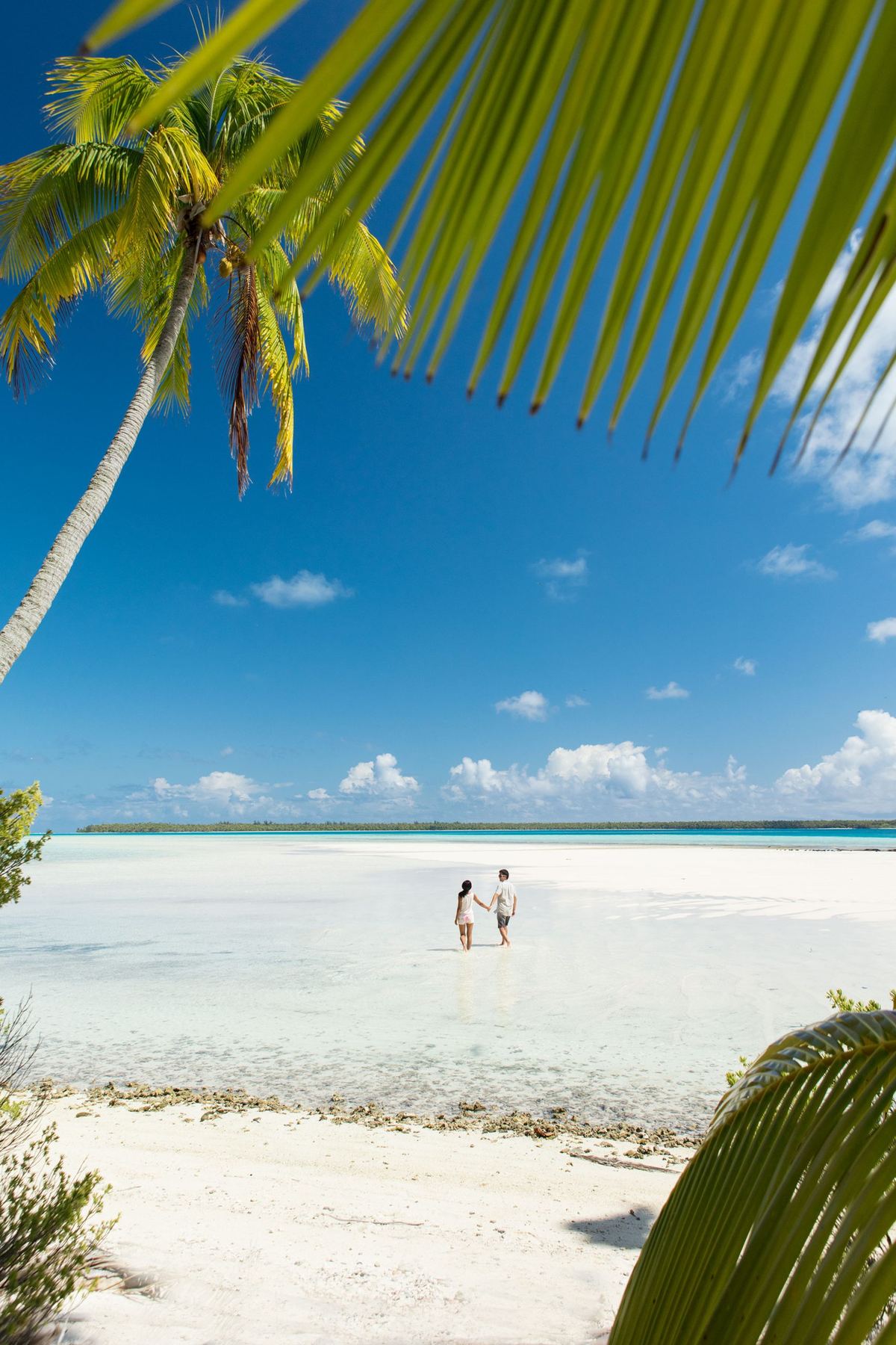 Una spiaggia bianca vista fra le palme, con due persone che camminano sulla riva.